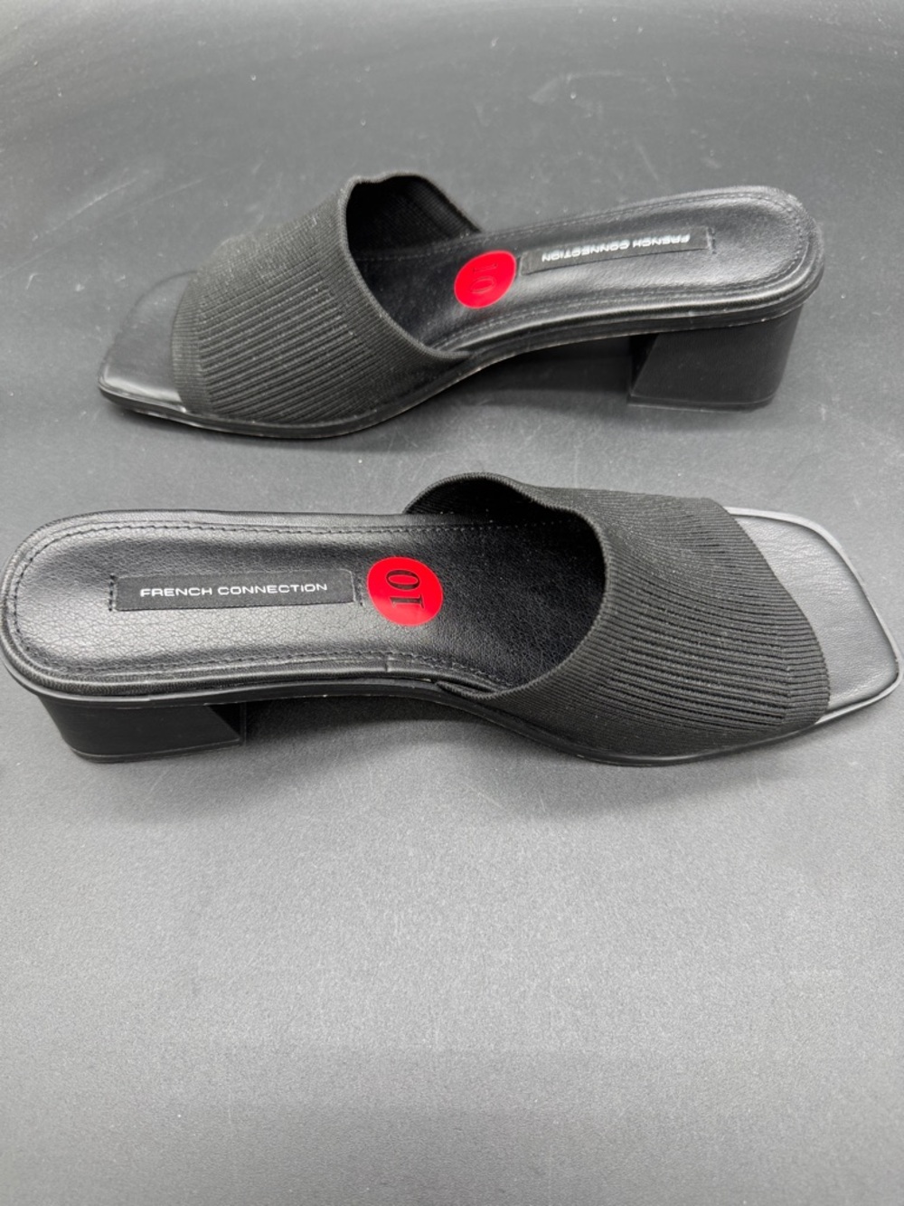 French Connection Black Ribbed Knit Square Toe Slide Mules Block Heel Size 10 - Picture 3 of 8